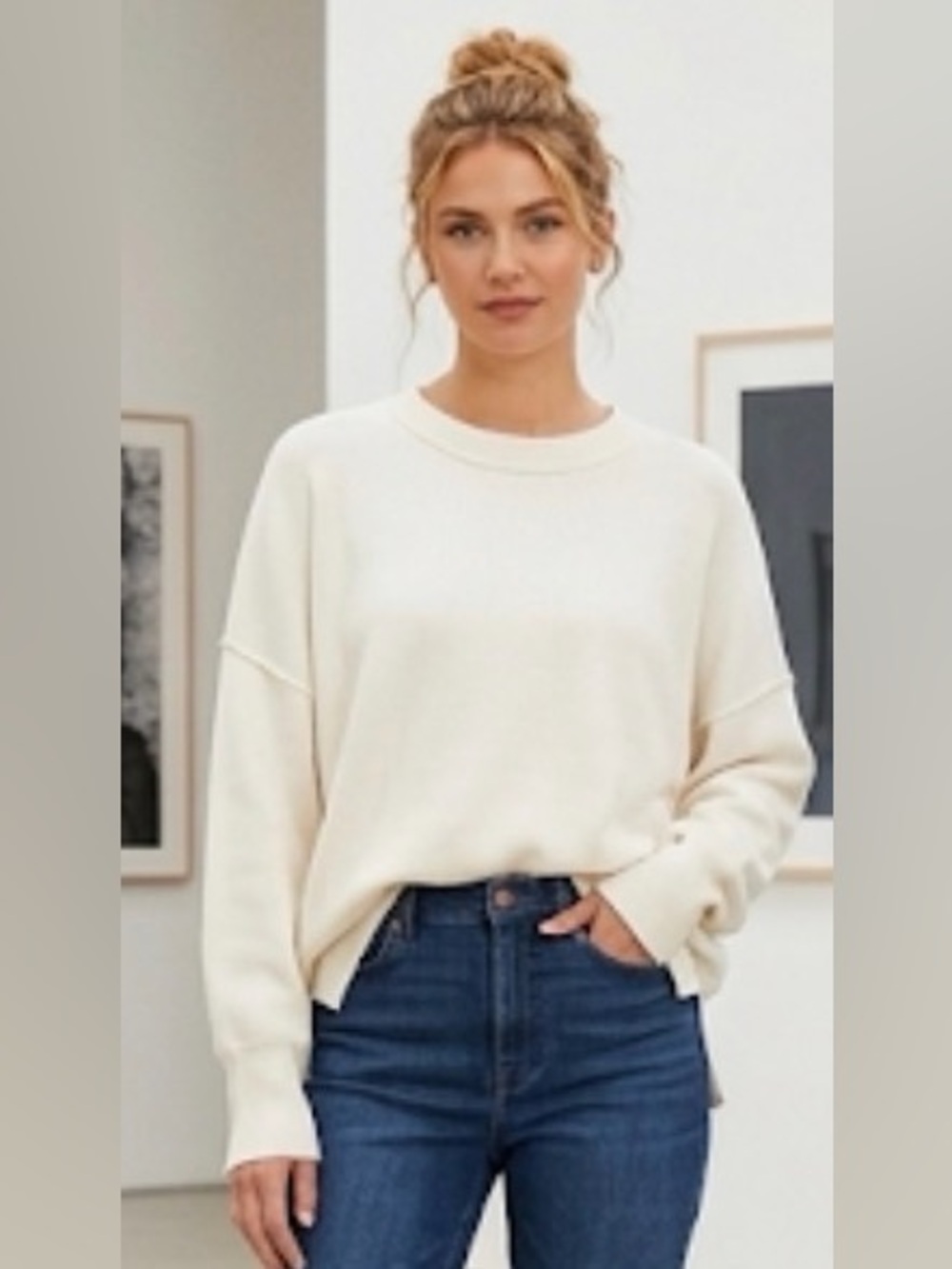 Cream Oversized Crewneck Sweater - Classic Relaxed Fit size large like new